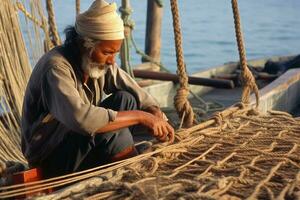 ett gammal fiskare reparationer hans netto på de trä- däck av en rustik båt. generativ ai foto