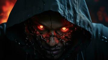 ett arg, mystisk man i en svart luvtröja med röd ljus i hans ögon. foto