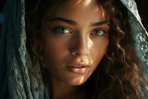 intim stänga upp av en kvinnas ansikte, mjuk naturlig ljus, detaljerad textur av de hud. foto