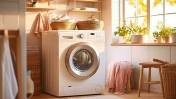 Foto av tvättning maskin stående i en tvätt rum i en modern minimalistisk Hem