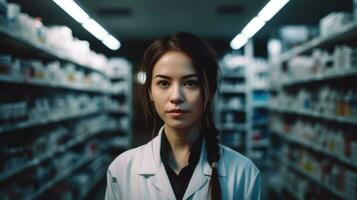 en kvinna i en labb täcka, hon står i främre av en välorganiserad apotek hylla. foto