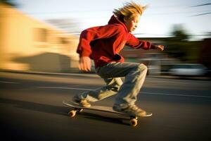 ett miljö- full kropp skott av en Tonårs pojke på en skateboard, tävlings av till skola. generativ ai foto