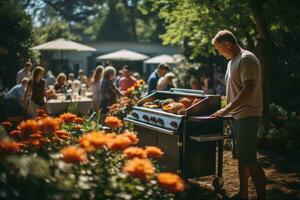 arbetskraft dag roligt - familj njuter en bakgård utegrill. generativ ai foto