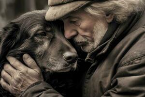 de delad ögonblick mellan en man och hans hund, deras näsor rörande varje Övrig. generativ ai foto