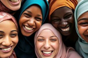 en stänga se av de ler från en grupp av människor, varje från en annorlunda bakgrund, Inklusive afrikansk amerikansk, kaukasiska, och individer med färgrik hår och hijab. generativ ai foto