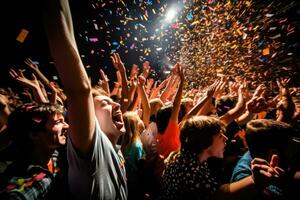 ett energisk folkmassan skott på en födelsedag fest, med konfetti flygande genom de luft. generativ ai foto