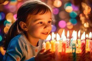 en vibrerande och glad stänga - upp skott av en barn blåser ut de ljus på en födelsedag kaka. generativ ai foto