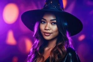 en stänga - upp fotografera terar en ung asiatisk kvinna i henne 20-talet, nedsänkt i de halloween anda. generativ ai foto