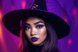 en stänga - upp fotografera terar en ung asiatisk kvinna i henne 20-talet, nedsänkt i de halloween anda. generativ ai foto