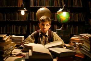 miljö- porträtt av en caucasian pojke studerande Sammanträde på en skrivbord i en klassrum, omgiven förbi böcker och skola förnödenheter. generativ ai foto