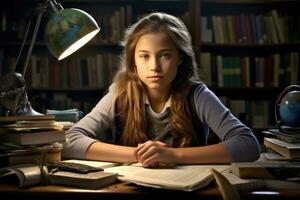 miljö- porträtt av en caucasian flicka studerande Sammanträde på en skrivbord i en klassrum, omgiven förbi böcker och skola förnödenheter. generativ ai foto