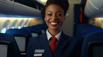 en stänga - upp skott av en kvinna flyg skötare, stående i de gång av ett flygplan stuga, varmt välkomnande passagerare med en leende. generativ ai foto