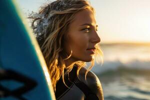 Foto av en kvinna surfare bärande henne surfingbräda på de strand. generativ ai
