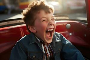 en stänga - upp skott av en ung pojke, skrattande och njuter de adrenalin rusa av en stötfångare bil kollision. generativ ai foto