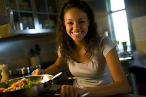 en ung kvinna som hon experiment med kulinariska glädjer i henne kök. generativ ai foto