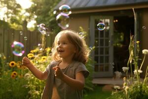 en stänga - upp skott av en glad barn blåser bubblor i en vibrerande trädgård. generativ ai foto