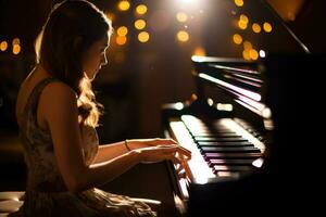 en stänga - upp skott av en kvinna spelar de piano i en vagt belyst musik studio. generativ ai foto