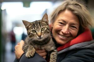 en stänga - upp skott av en kvinna med en mild leende, som vaggar en nytt antogs katt i henne vapen på ett djur- skydd. generativ ai foto