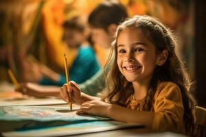 en stänga - upp skott av en ung flicka lyckligt engagerad i ett konst klass, använder sig av vibrerande färgad pennor till skapa en teckning. generativ ai foto