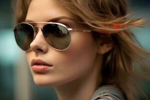 en stänga - upp skott av en ung kvinna bär eleganta solglasögon, utsöndrar förtroende och mode - framåtanda. generativ ai foto