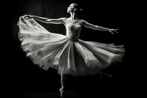 en stänga - upp skott av en ballerina i mitten - luft, frysta i en graciös utgör. generativ ai foto