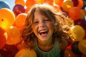 de glädje och spänning av en barn flicka spelar i en fält av färgrik ballonger i en stänga - upp skott. generativ ai foto