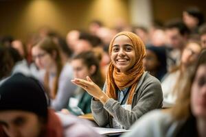 en ung kvinna föreläsare och henne studenter i en stänga - upp skott under en seminarium eller verkstad. generativ ai foto