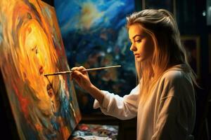 en ung kvinna konstnär passionerat målning på en duk. generativ ai foto