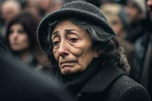 en närbild skott av en ledsen kvinna på de graven under en begravning. generativ ai foto
