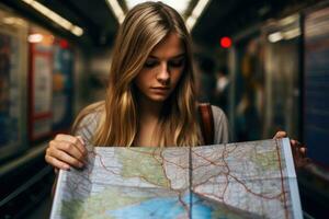 en stänga - upp skott av en kvinna innehav en metro Karta i henne händer, studerar de rutter och planera henne resa. generativ ai foto