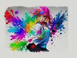 vattenfärg söt flicka med färgad konst illustration på vit papper textur bakgrund foto
