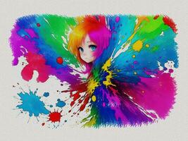 vattenfärg söt flicka med färgad konst illustration på vit papper textur bakgrund foto