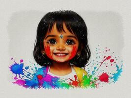 vattenfärg färgrik söt flicka ansikte illustration på vit papper textur bakgrund foto