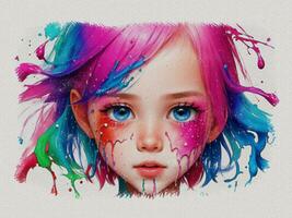 en flicka med färgrik hår och måla stänker foto