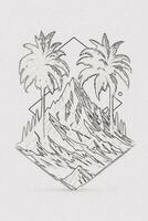 ritad för hand översikt skiss av solnedgång, fjäll, och handflatan träd illustration för t-shirt design foto