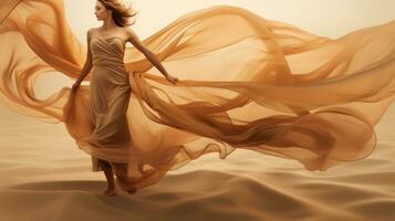 kvinna i beige flygande klänning foto