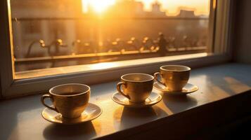 kaffe kopp på trä- tabell i kaffe affär med suddig bakgrund, ai generativ foto