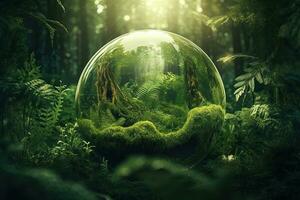 eco vänlig begrepp. grön planet med träd på grön bakgrund ai generativ foto