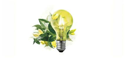 grön energi begrepp med ljus Glödlampa och grön löv. 3d tolkning, grön eco energi begrepp med ljus Glödlampa och växt ai generativ foto