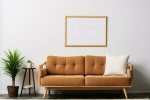 tom trä- ram affisch attrapp och en brun soffa i främre av en vit vägg med en inlagd växt ai genererad foto