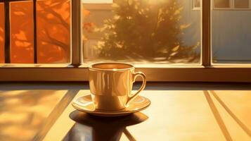 kaffe kopp på trä- tabell i kaffe affär med suddig bakgrund, ai generativ foto