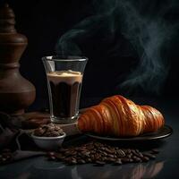 kaffe och kaffe bönor på svart bakgrund ai generativ foto