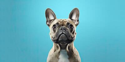 hund porträtt på en minimal blå bakgrund för banderoller ai generativ foto