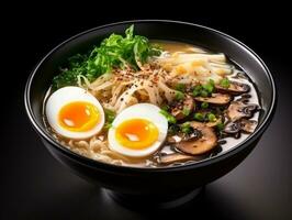 Ramen soppa med svamp och ägg isolerat på en svart bakgrund foto