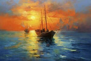 olja målning av en fiskare båt på solnedgång på hav. hav landskap begrepp. ai generativ foto