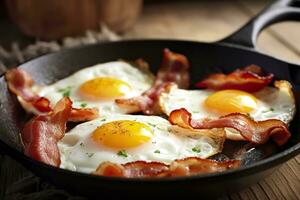 bacon och ägg i en panorera. sammansättning med gott friterad ägg och bacon på trä- tabell. ai generativ foto