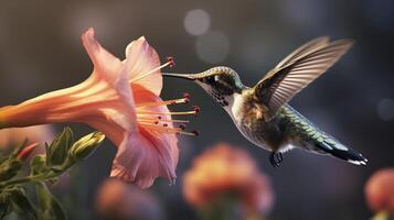 kolibri flygande till plocka upp nektar från en skön blomma. digital konstverk. ai generativ foto