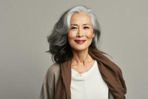 skön senior kvinna med grå hår, Lycklig kvinna porträtt i studio bakgrund. ai genererad foto