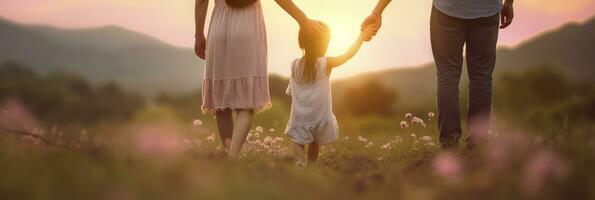 Lycklig familj mor far och dotter promenad på natur på solnedgång håll hand. ai generativ foto