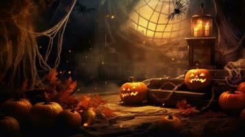 mystisk pumpa scen för halloween med glöd mitt i rök och ljus bakgrund. ai genererad foto